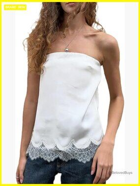 Satin Tube Top Strapless Lace Trim Flowy Cami Bandeau Top Sleeveless